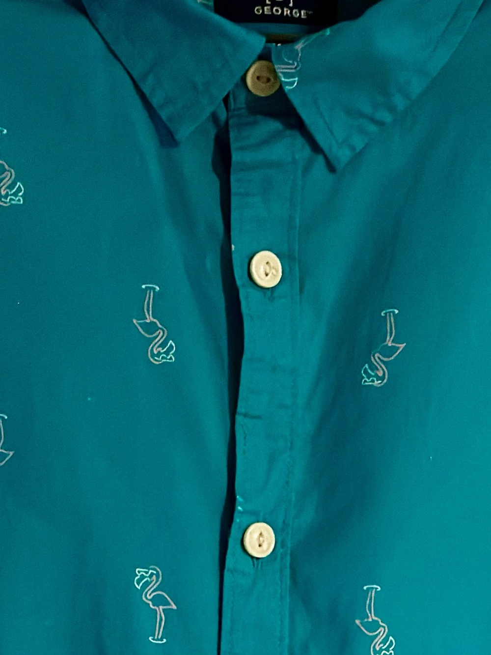 Men’s Large Slim Fit Stretch Teal Collared Shirt with pink Flamingo Motif
